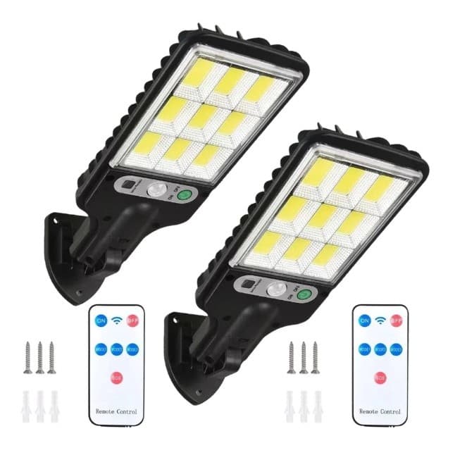 Kit 2 Luminárias Solar Parede Refletor 108 COB Carregar LED Luz Branco frio Prova D'Água Sensor Presença 3 funções 3063