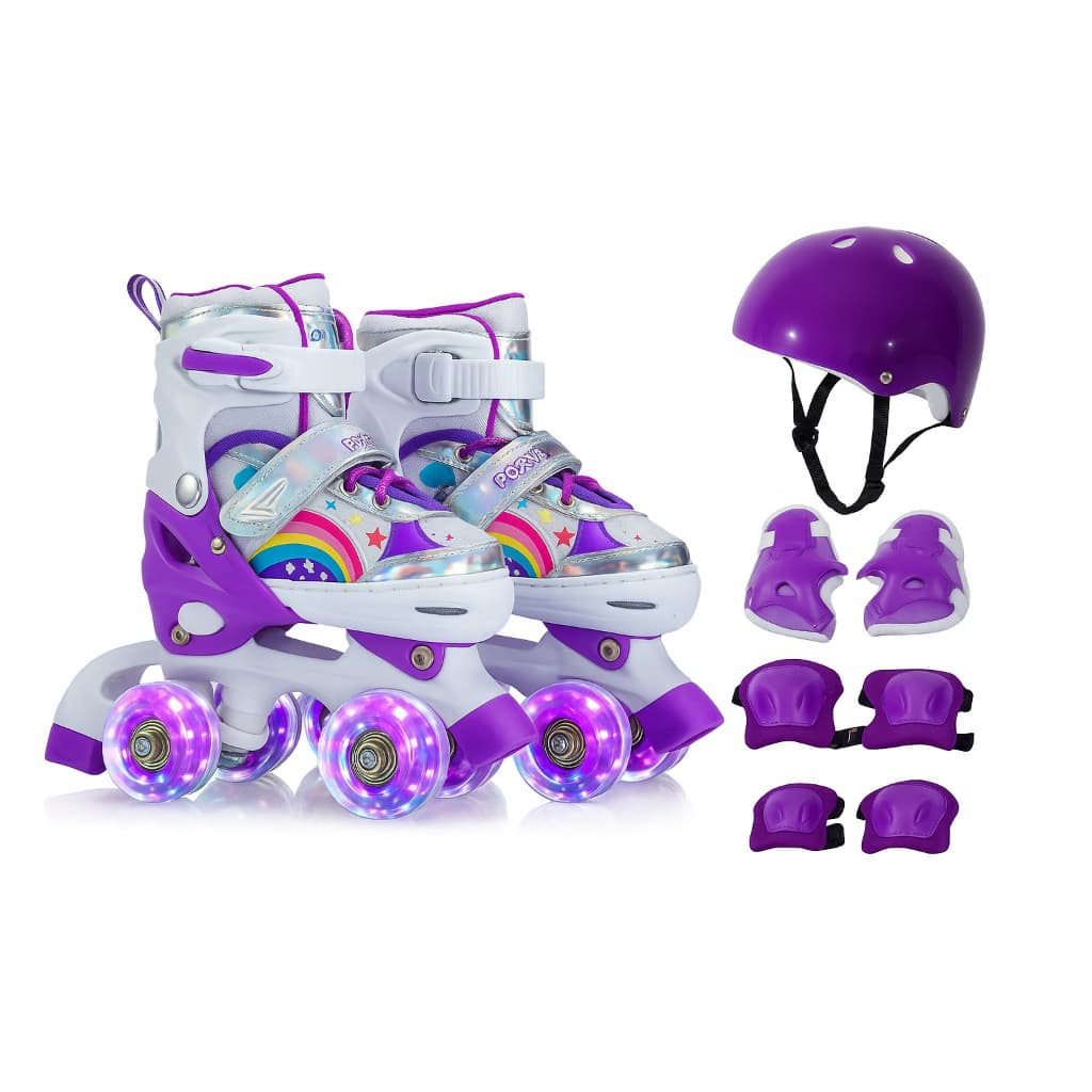 Patins infantil Quad Arco Íris Ajuste de tamanho rodas com LED brilhante + KIT PROTEÇÃO
