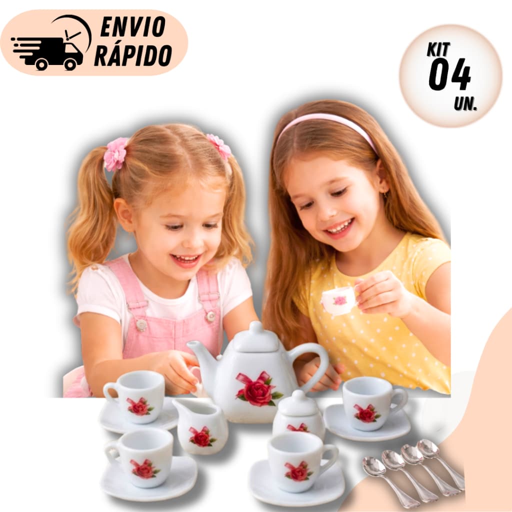 Kit 4 ou 2 Jogo de Chá 14 Peças Para Cozinha Infantil Menina Casinha Brinquedo Faz de Conta Xícaras Bule Colher