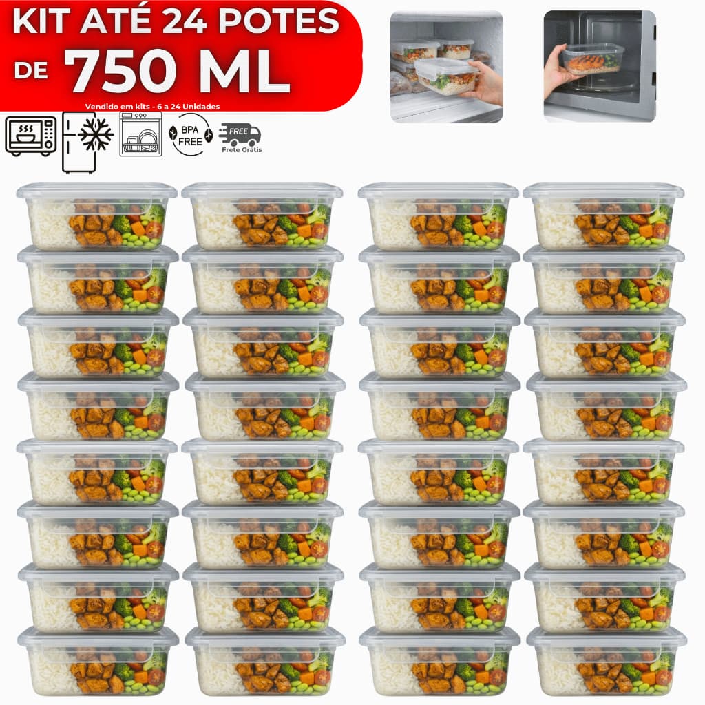Kit até 24 Potes 750ml Pote Com Tampa 4 Travas Alta Vedação Não Vaza Marmitas Fitness Saladas