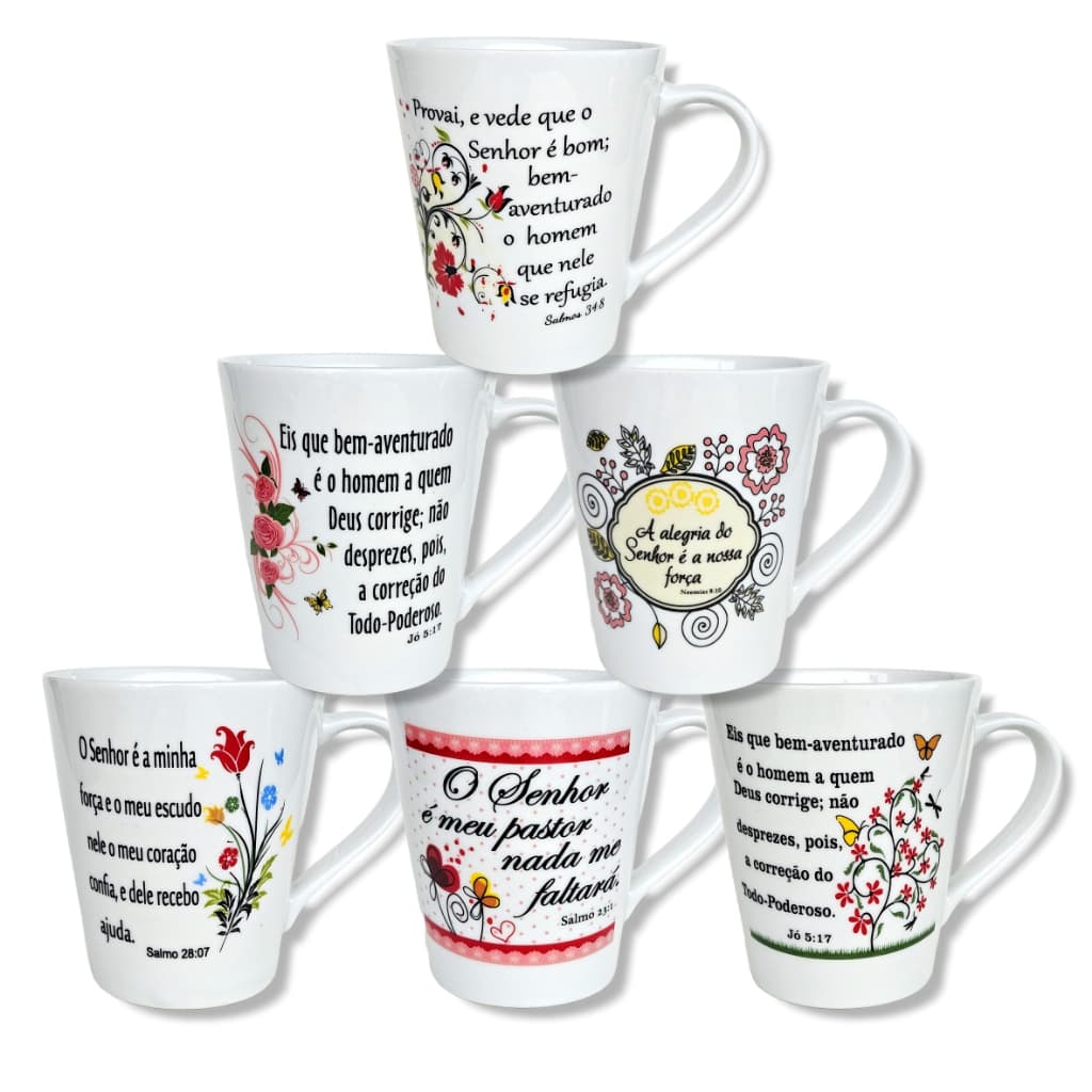 Canecas de porcelana brancas, cônicas, decoradas, 290 ml, xícara, café, chá, Col6-FÉ e SALMOS - 12 canecas