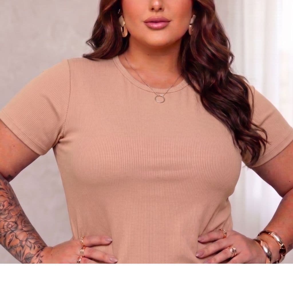Blusa feminina plus size canelada manga curta gola redonda básica confortável G1 G2 G3 casual