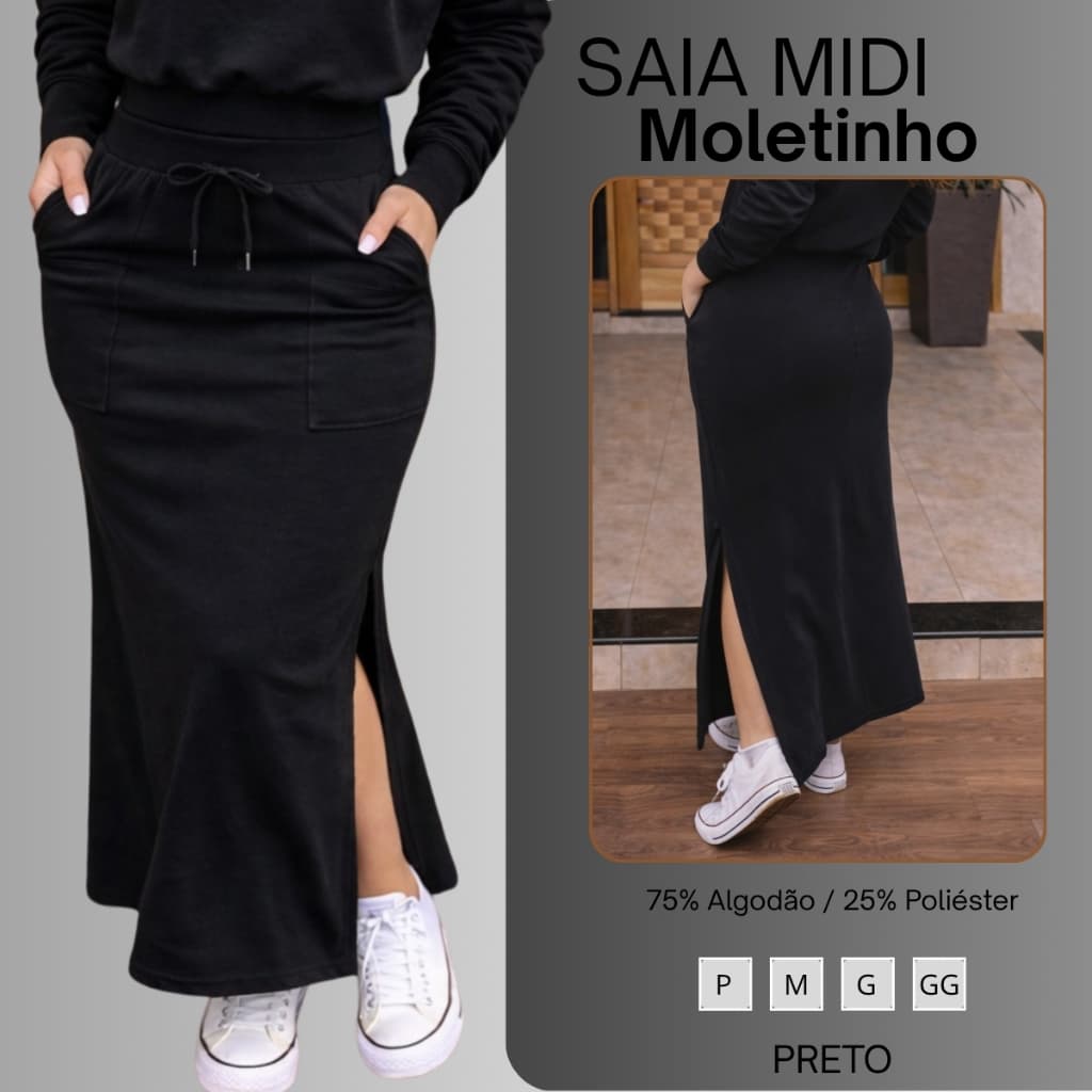 Saia Midi Moletinho Com Fenda Lateral Bolso Preto Moda Casual