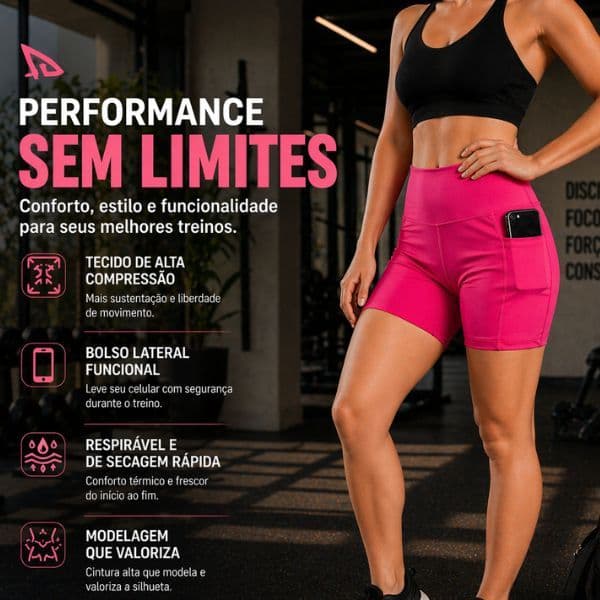 Short Legging Feminino Liso Moda Fitness de Academia Treino Corrida Ginástica Ciclismo Com Bolso Porta Celular