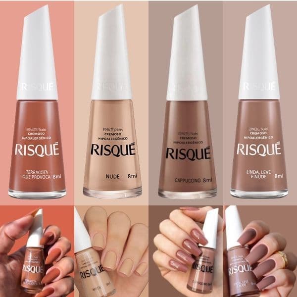 Risque Esmaltes Tons Nudes Marrom Terracota  Kit 4 de Esmaltes Hipoalergênico 8ml