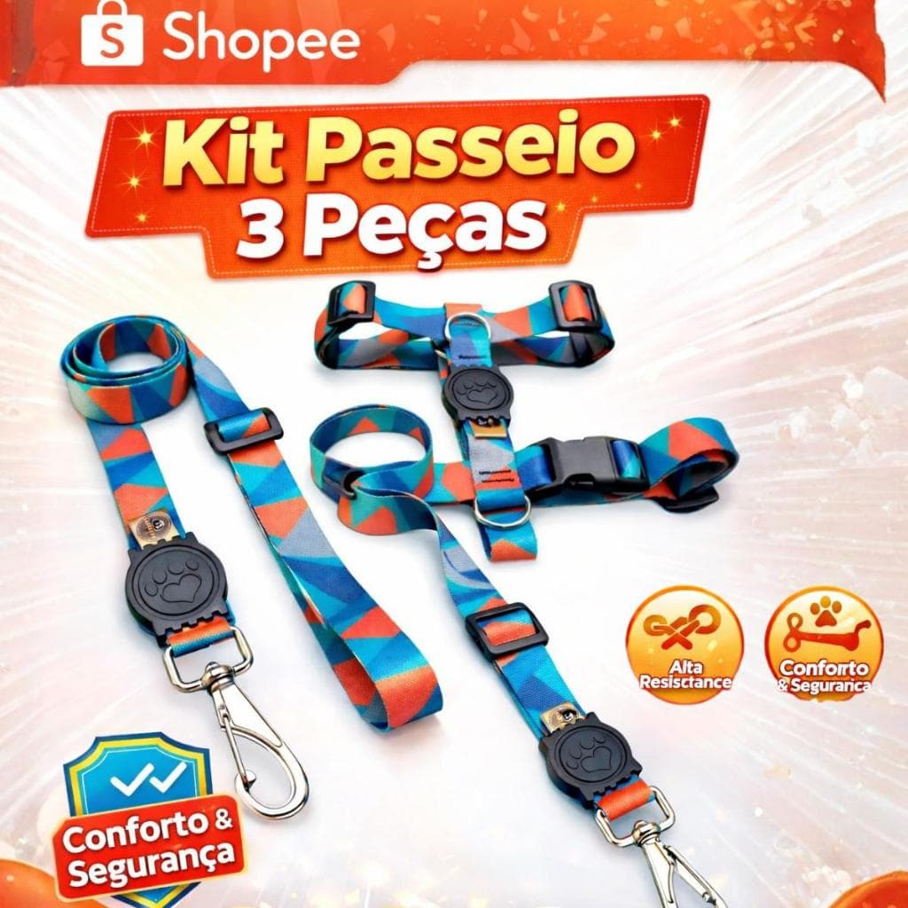 Peitoral H Antipuxão para cachorro Guia Cinto de Segurança Pet Kit 3 Peças Confortável e Seguro Cães