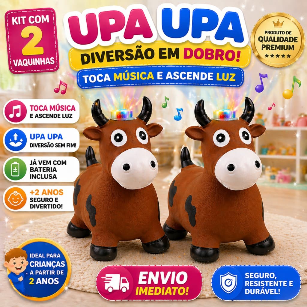 Kit 2 Upa Upa Vaquinha Pocoto Musica Luz Pula Pula Brinquedo Inflável Infantil Resistente Educativo