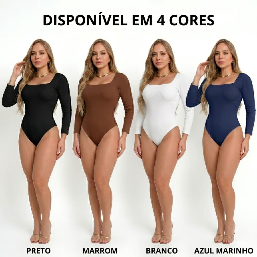 Body Blusa Feminina Elegante Manga Longa Suplex Ajustada Decote Quadrado Zero Transparência