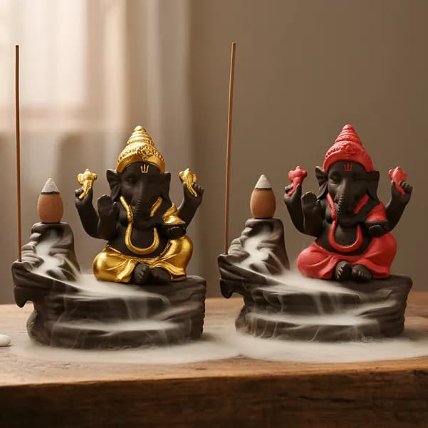 Incensário Invertido  Escultura Ganesha Hinduísmo na Pedra  Incenso Fumaça Cachoeira Cascata