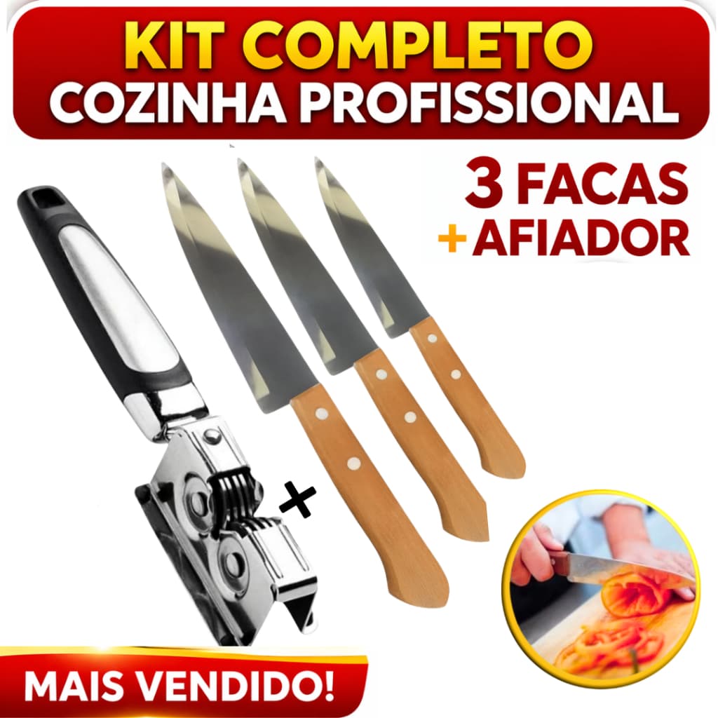 Kit 3 Facas Aço Inox 3 Tamanhos + Amolador Manual Cozinha Corte Fácil