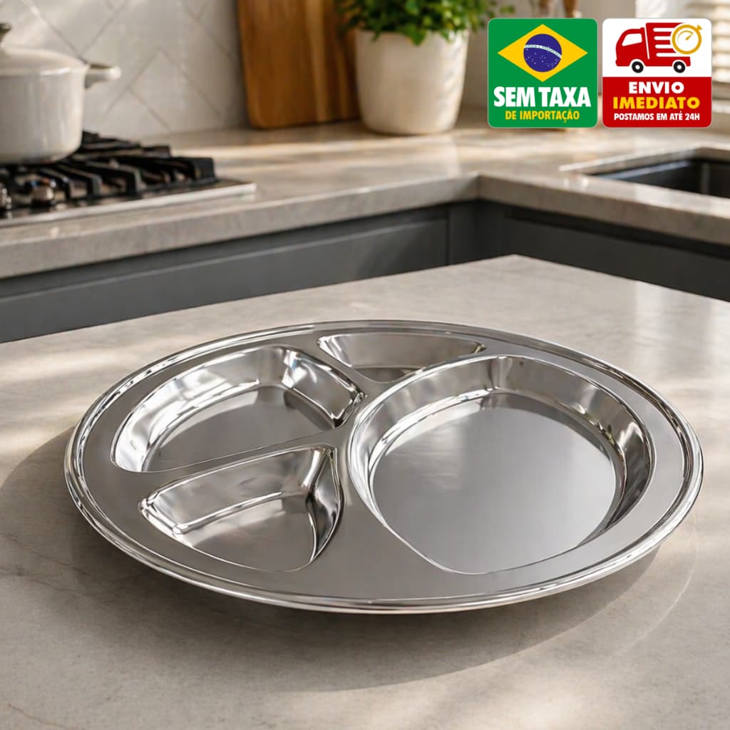 Petisqueira Redonda Inox 29cm 4 Divisórias Multiuso Cozinha Bar Servir Petiscos