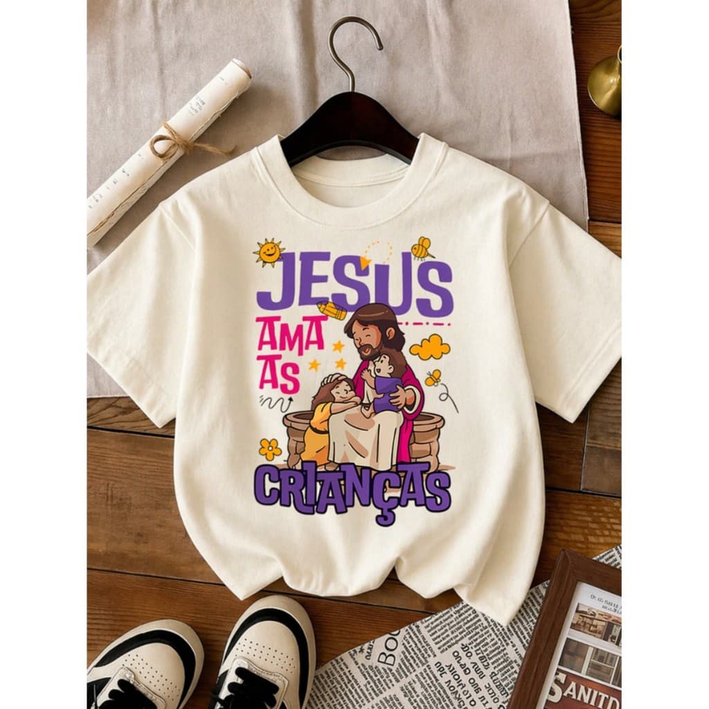 Camiseta Infantil Gospel Jesus Ama as Crianças Estampa Cristã Unissex Algodão Confortável Religiosa