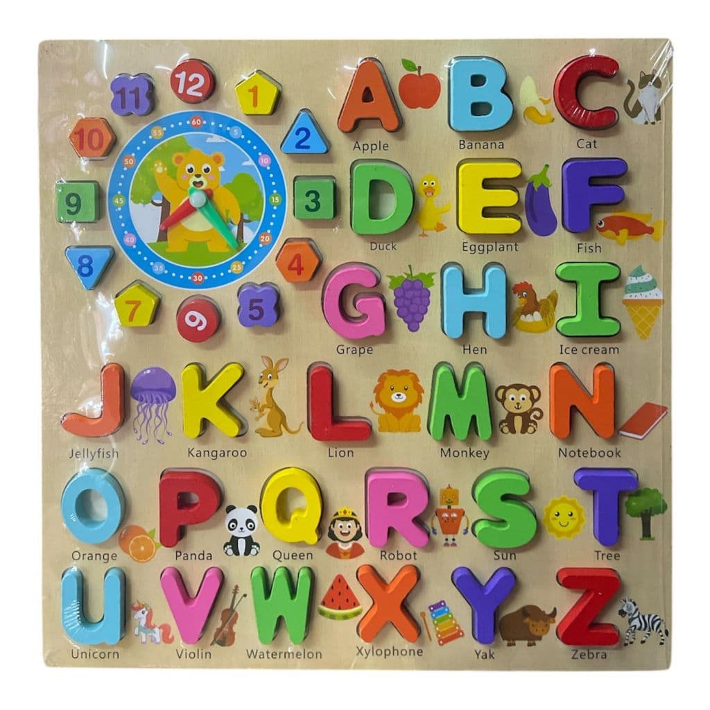 Tabuleiro de madeira com alfabeto e números, com relógio - Aprendizagem Educativa Montessori