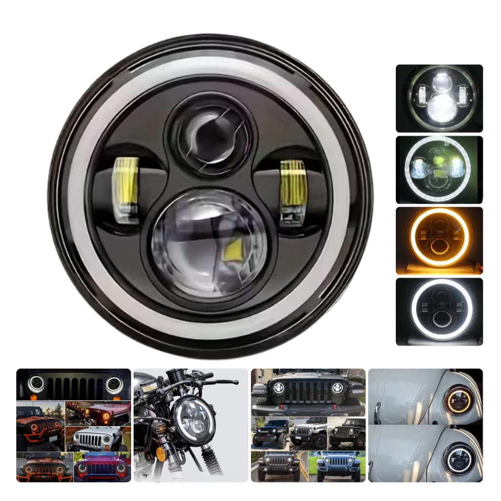 Farol Milha Led Angel Eyes LED 7 Polegadas Redondo H4 Jeep Fusca Troller Beetle Kombi 6500K