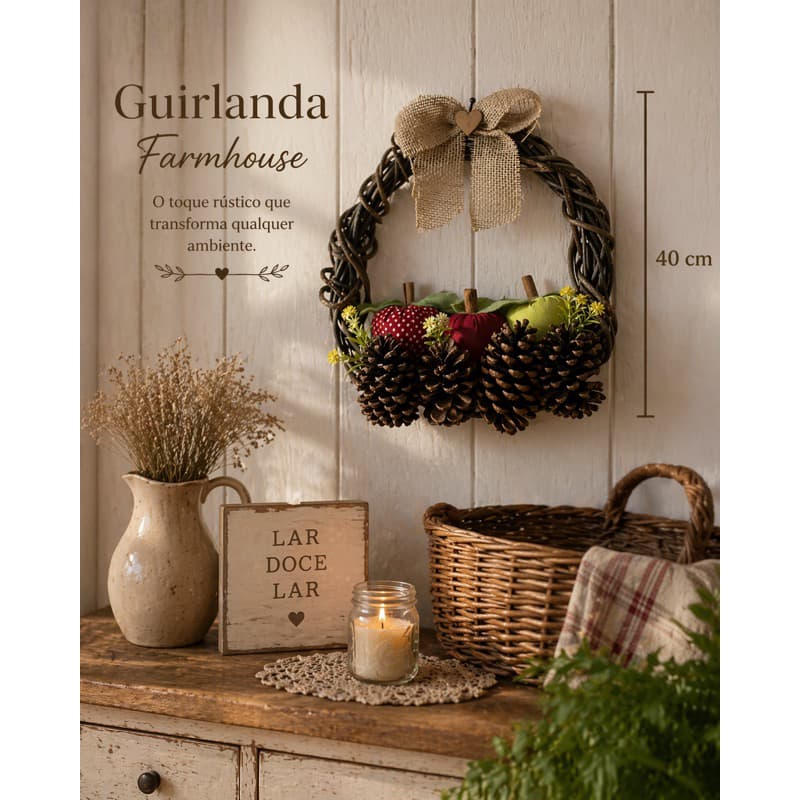 Guirlanda Artesanal de Cipó com 3 Maçãs Decorativas e pinhas farmhouse