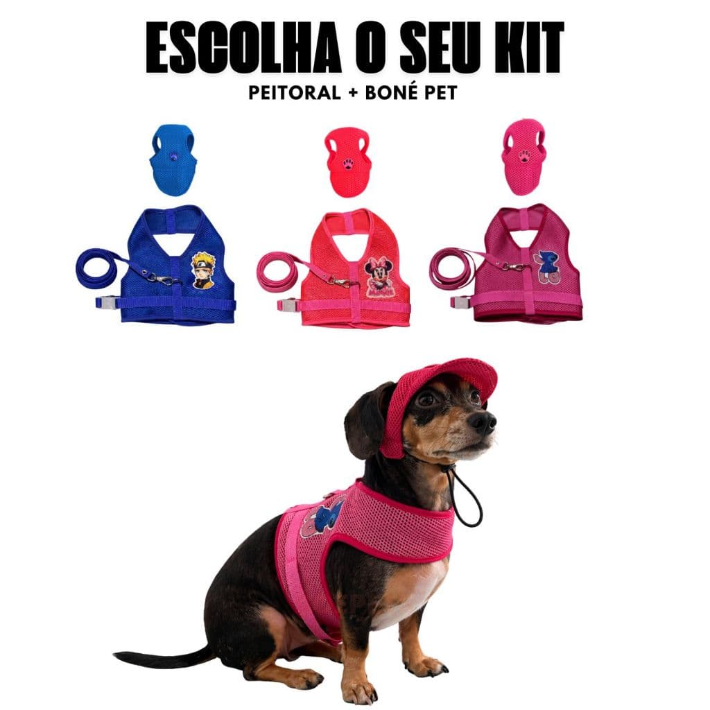 KIT PASSEIO PET PEITORAL E BONÉ REGULAVEL CACHORROS E GATOS