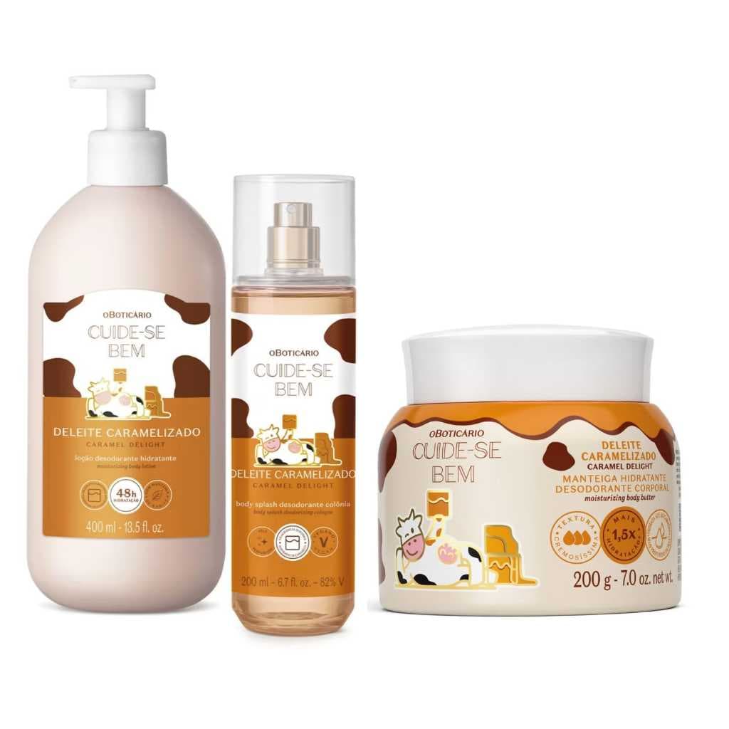 LANÇAMENTO Combo Cuide-se Bem Deleite Caramelizado: Body Splash 200ml/ Manteiga Hidratante 200g/ Loção Corporal 400ml
