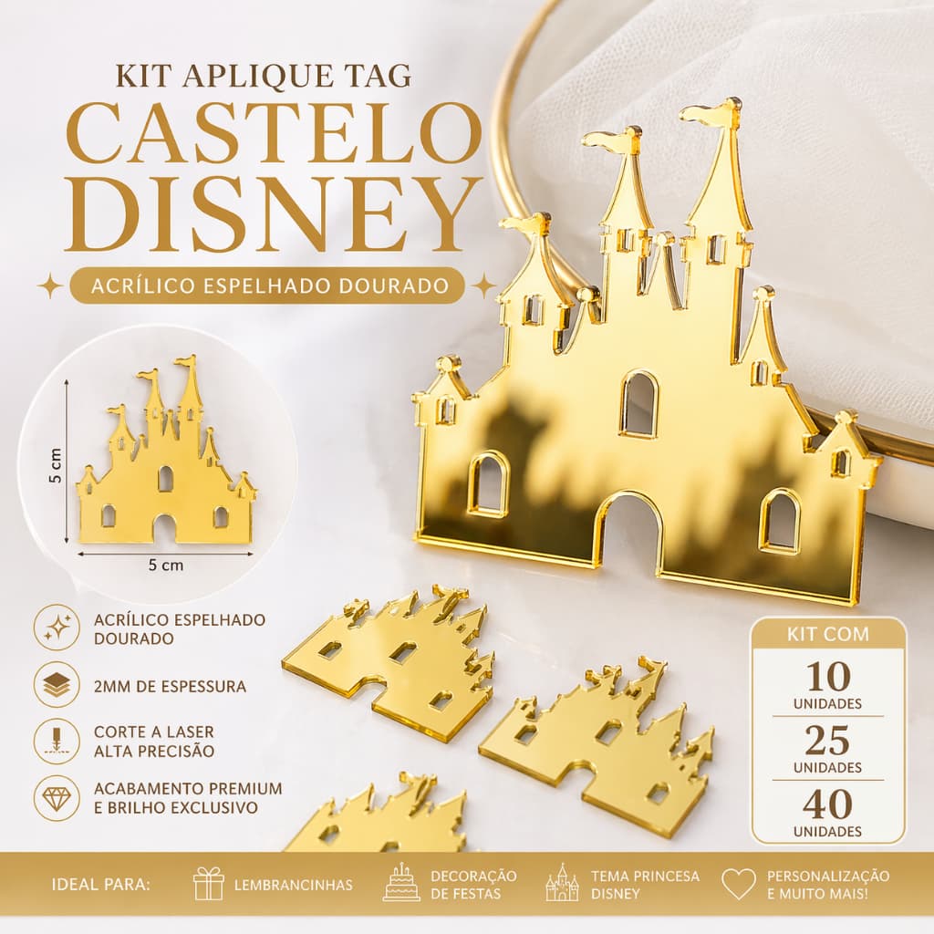 Kit Tag Castelo Disney Acrílico Espelhado Dourado 5x5cm | 10 25 40 un | Aplique Festa Luxo