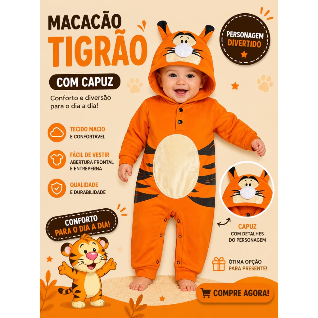 Roupa de Bebê Macacão Tematicos Personagens com Capuz  TIGRÃO