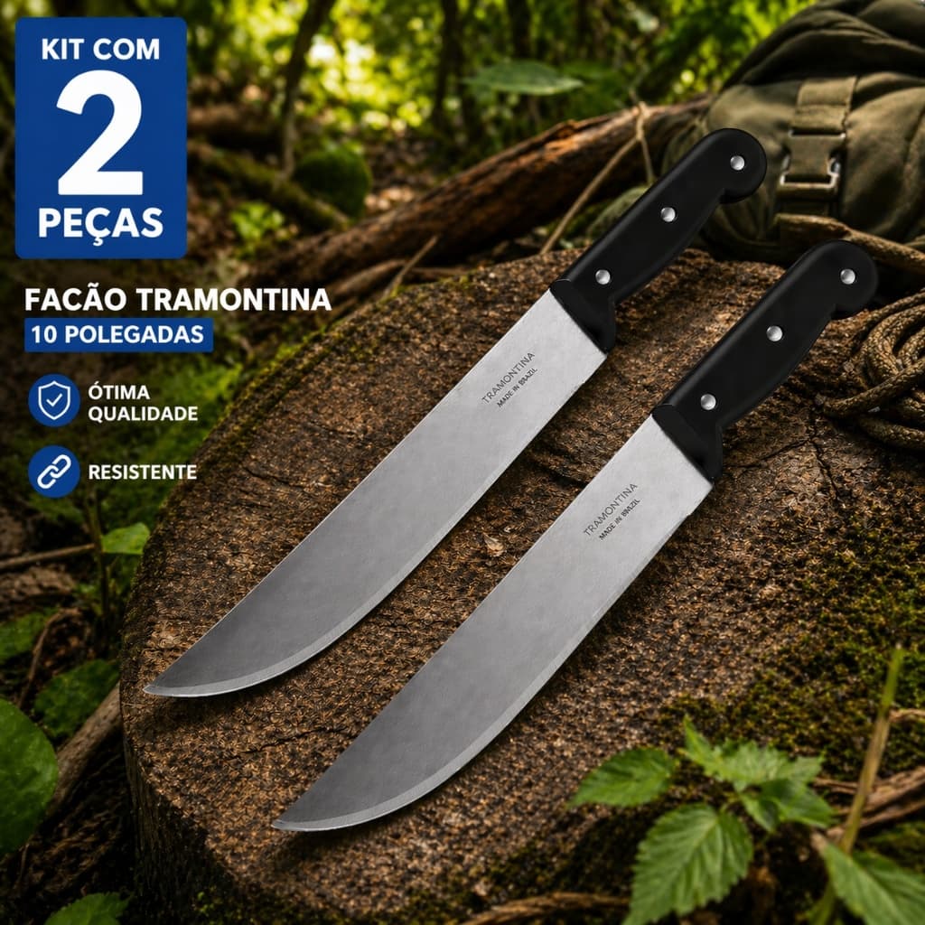 Kit 02  Facão  Mato 10" Tramontina Lâmina Aço Carbono Cabo Plástico Preto jardinagem lLavoura