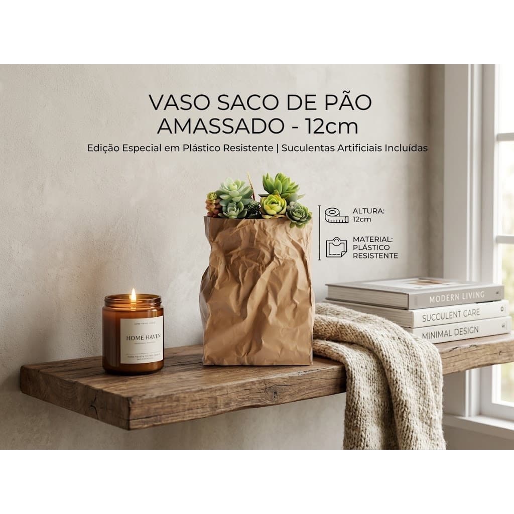 Vaso Decorativo Saco de Pão 12cm com Suculentas Artificiais | Vaso Criativo Moderno em Plástico Resistente