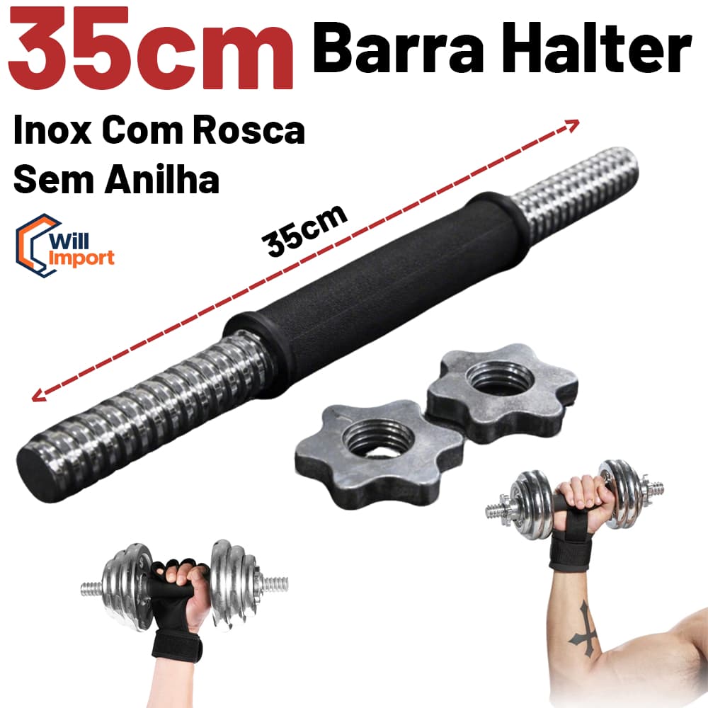 Barra Halter 35cm De Inox Com Rosca Sem Anilha Antiderrapante Rosca Direta Maciça Biceps Supino Agachamento Crucifixo 1u