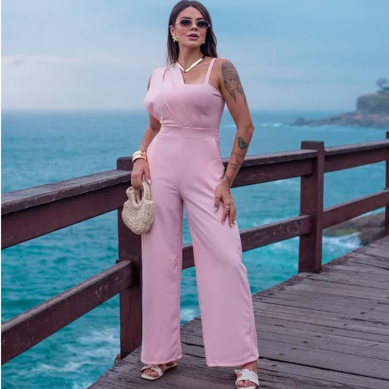 Macacão Feminino Dominik Ombro Único Elegante com Bojo Cintura Marcada Moda Social Chic