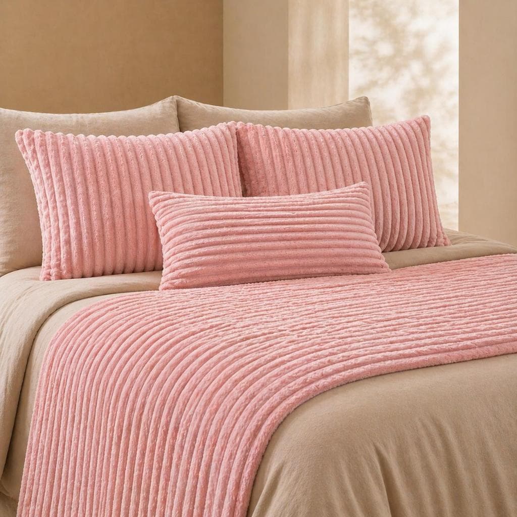 KIT PESEIRA CANELADA 4 PEÇAS QUEEN PARA CAMA E SOFÁ COM ALMOFADAS DECORATIVAS BAGUETE LUXO MACIO PREMIUM