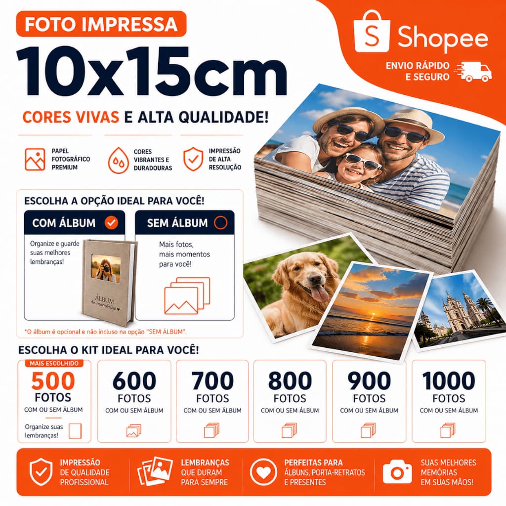 Kit com 500 a 1000 Fotos 10x15cm - Papel Fotográfico Premium - Fotos Impressas - (Com Álbum de Fotos)