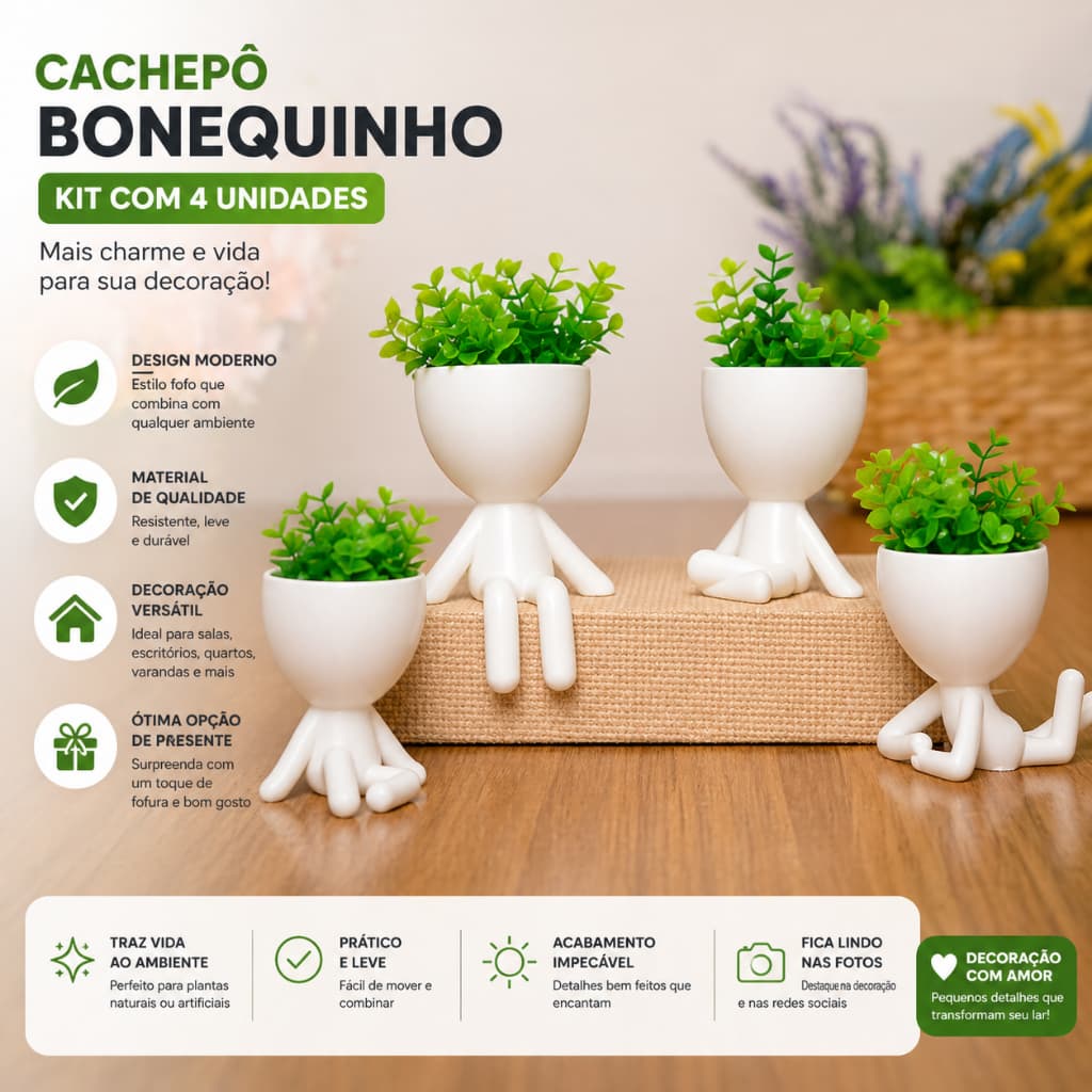 Kit 4 Mini Vasinhos Decorativos Lembrancinha, Decoração para Casa, Sala, Estante 6 cm de Altura - (Sem Planta Inclusa)