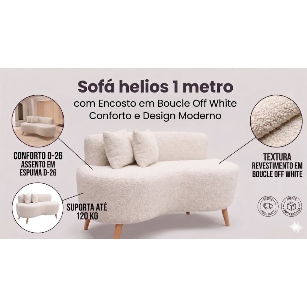 🔥 Sofá Helios XII 1m Bouclé Off White | Pé 12cm Alto, Moderno e Confortável | Pronta Entrega