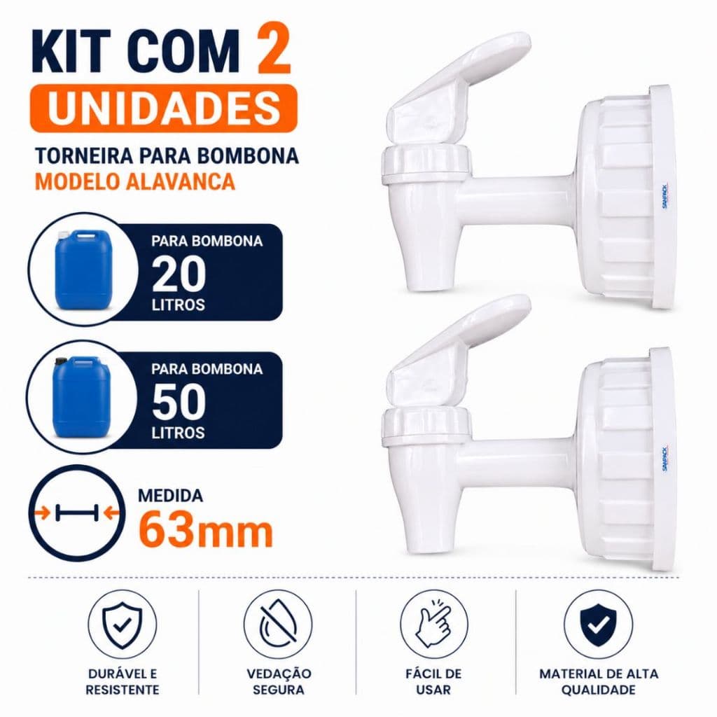 Kit C/ 2 Torneiras + Tampa p/ Bombona 20 e 50 Litros Rosca Padrão 63mm