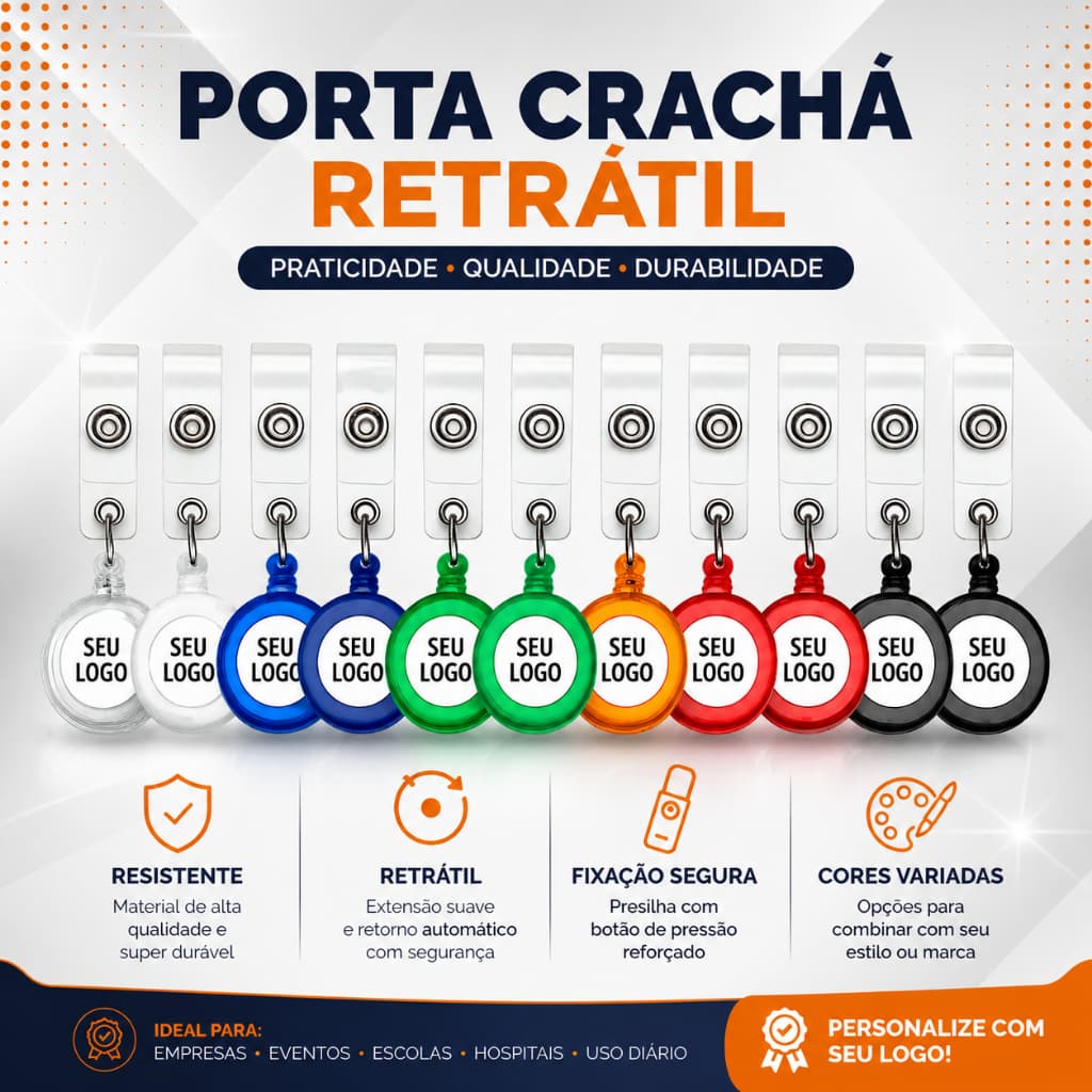 Porta Crachá Personalizado com seu Logo - Roller Clip para Crachá - Retrátil - 10 20 50 unidades