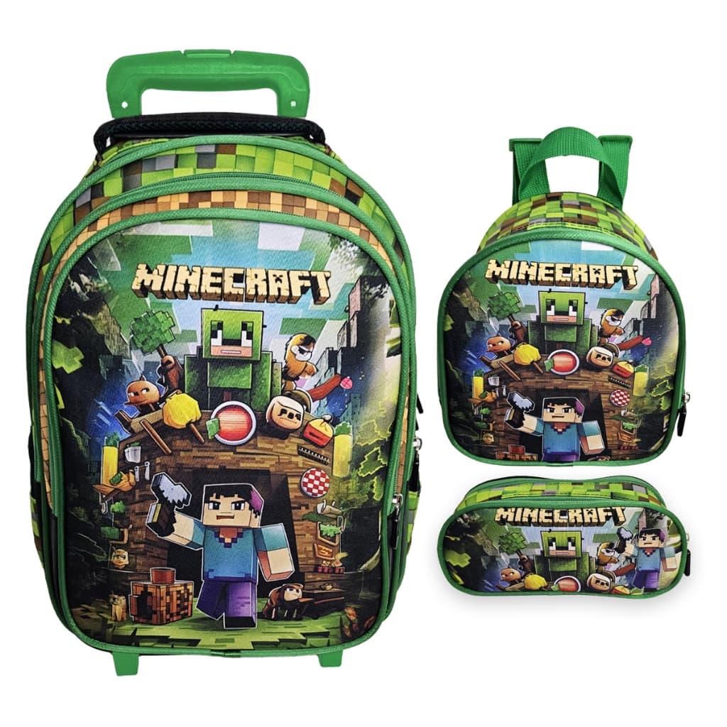 Kit Mochila Escolar Com Rodinha Estojo Lancheira, Minecraft