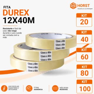 ATACADO DE FITA DUREX CRISTAL 12MM X 40M - ESCOLHA A QUANTIDADE KIT 100/80/60/40/20 ROLOS 12X40