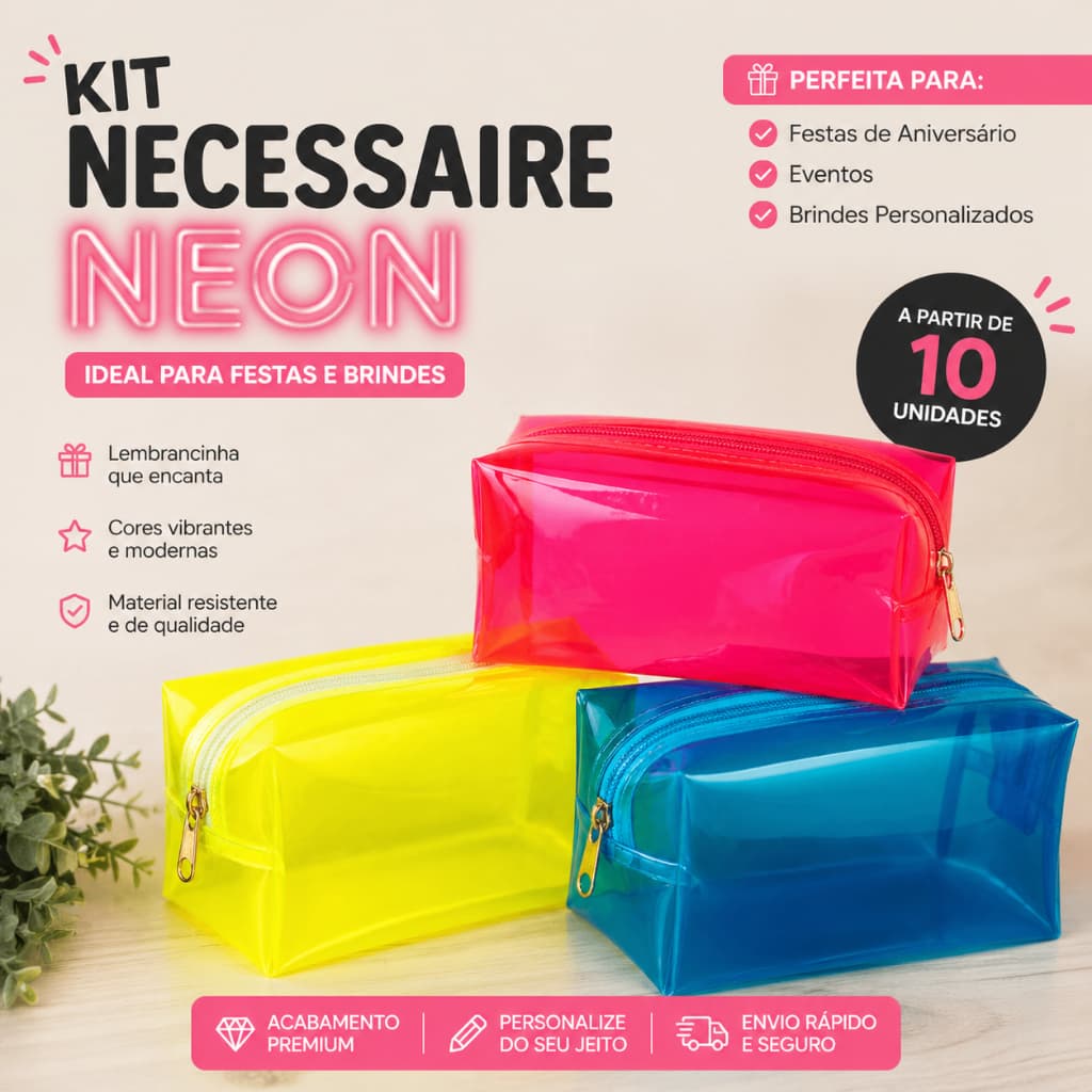 Kit Festa Necessaire Box Neon G Necessaire Neon para Festa e Brindes | Lembrancinha Premium