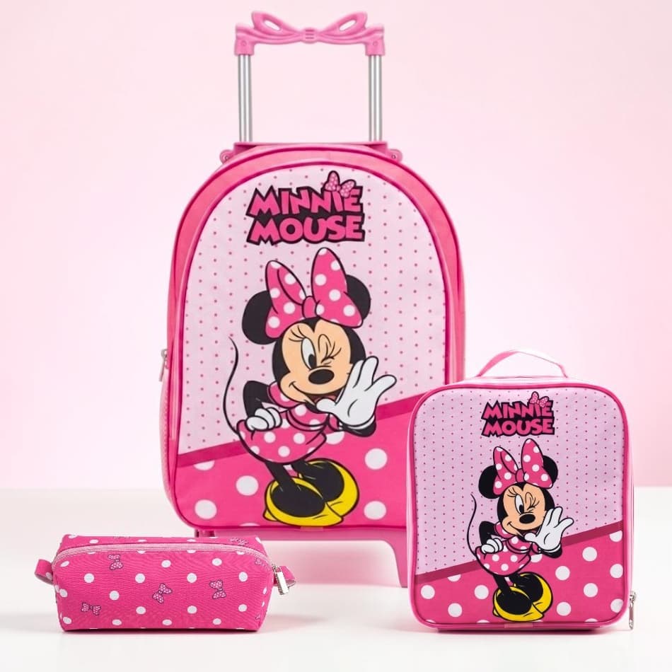 Kit Mochila De Rodinhas Minnie Infantil Escolar Lancheira Térmica + Estojo - Resistente