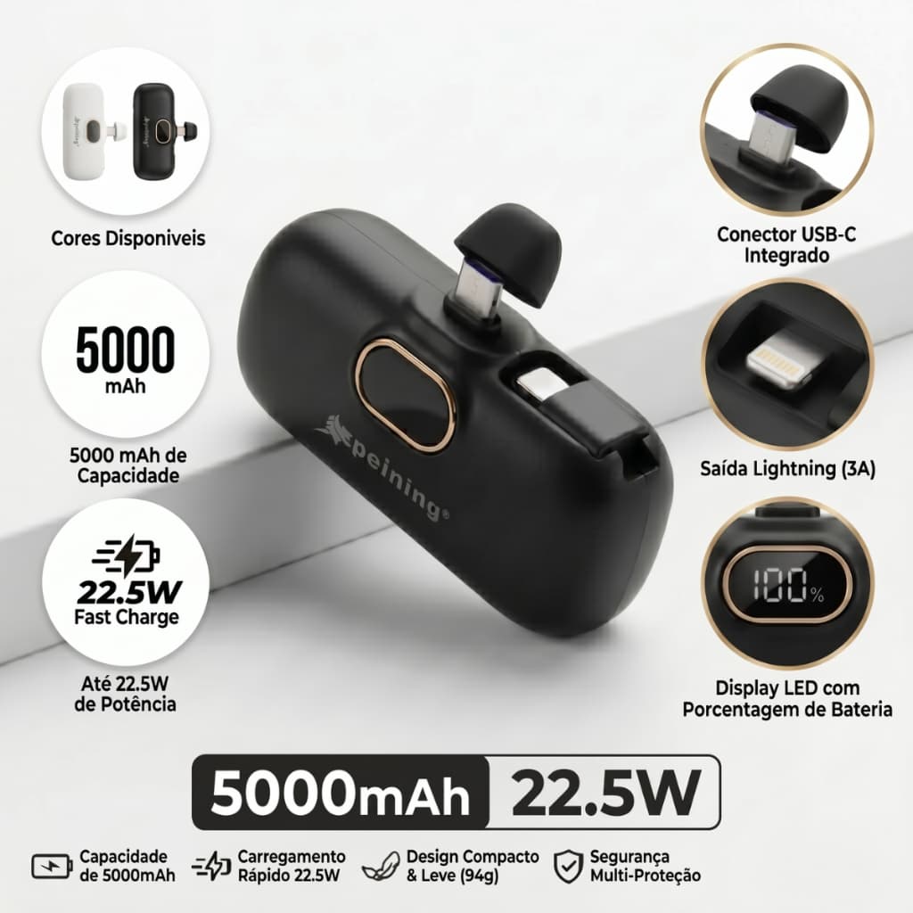 Mini Carregador Portátil Power Bank 5000mAh Carrega Rápido 2 em 1 Display Digital