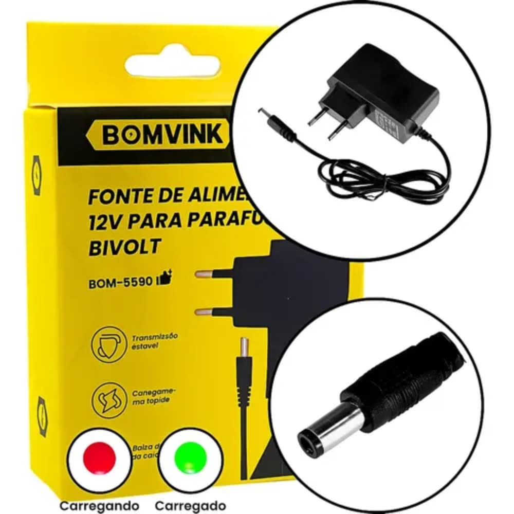 Fonte Carregador Para Parafusadeira 12V Bomvink BOM-5590 Bivolt Automática Universal