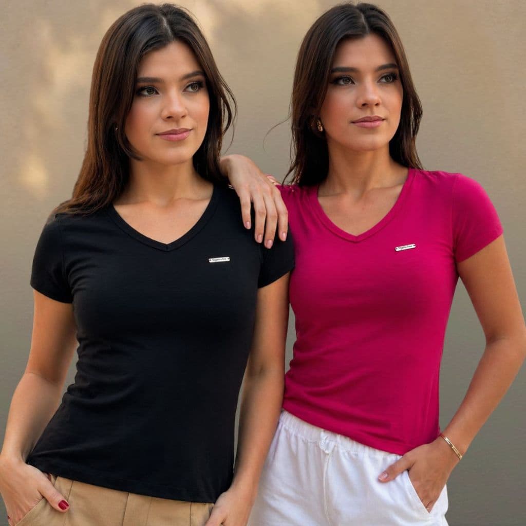 Kit 2 Blusa Básica Feminina Gola V em Viscolycra Manga Curta Baby look Estilo  T-shirt Conforto e Elegante  e Tendência