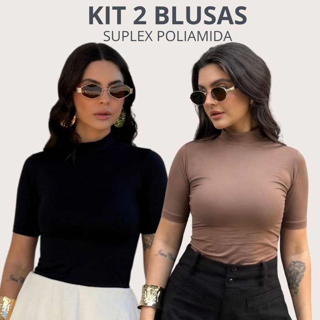 Kit 2 Blusas Feminina Manga Curta Gola Alta Manga 3/4 Suplex Tshirt Casual