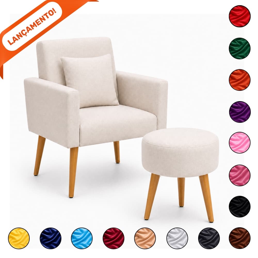 Poltronas para Sala Decorativa Nina com Almofada e Puff Redondo Pés Palito Suede Aninha Decor