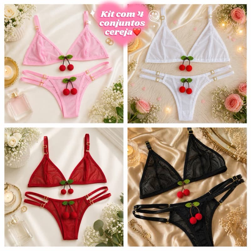 kit com quatro conjunto feninino  cereja em tule calcinha+sutia linha noite