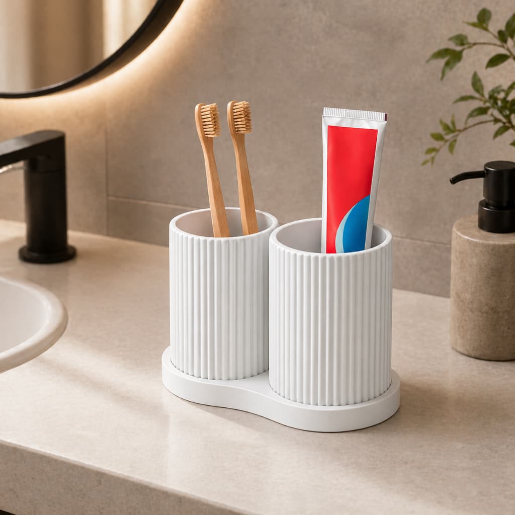 Kit Porta Escovas de Dente Duplo com Design Moderno e Elegante para Banheiro Organizado Minimalista Clean