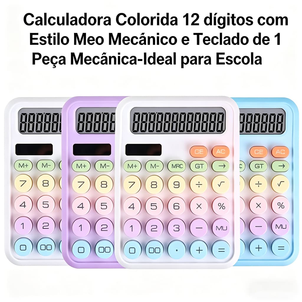 Calculadora Colorida 12 Dígitos com Estilo Mecânico e Teclado de 1 Peça Mecânica - Ideal para Escola 1 Unidade