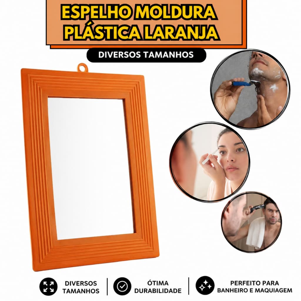 Espelho Moldura Plástica Laranja 12, 14, 16, 18 e 20 – Diversos Tamanhos para Banheiro e Maquiagem