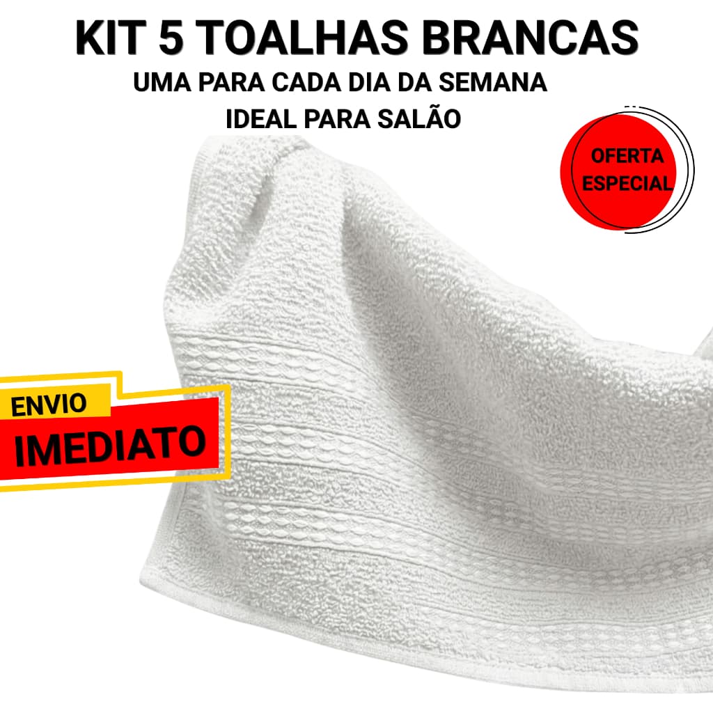 Kit 5 Toalhas de Rosto Brancas 100% Algodão para Salão Spa Secagem Rápida Leve