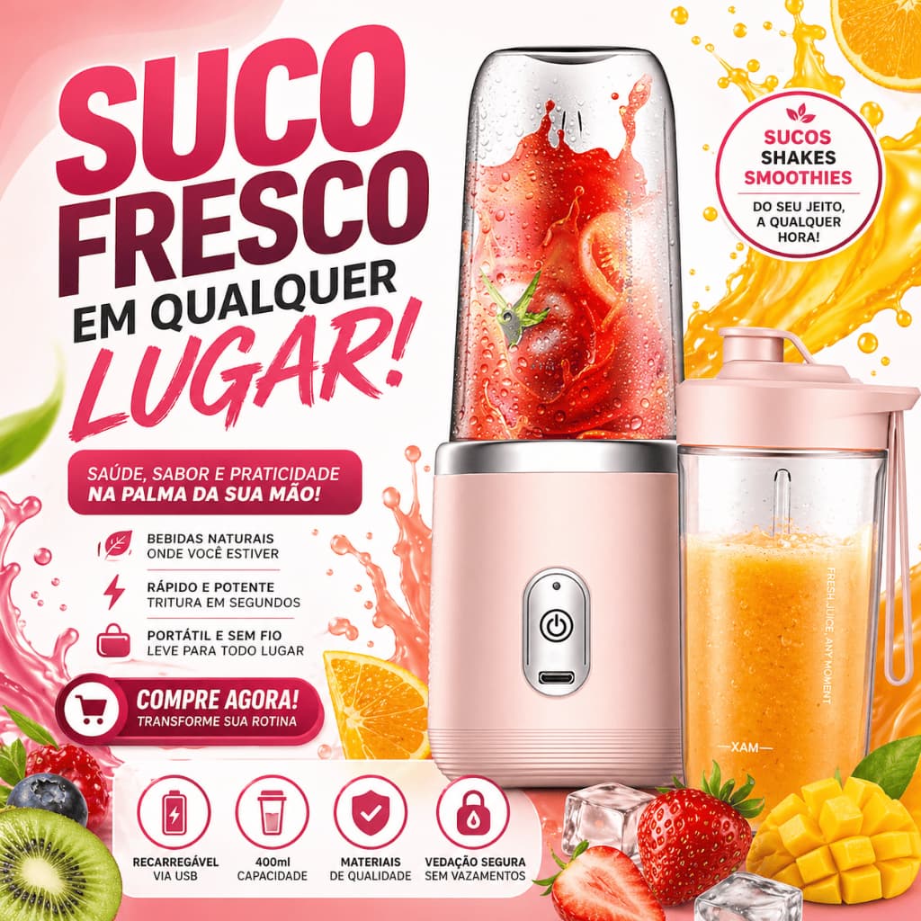 Liquidificador Portátil USB 400ml Mini Blender Recarregável Shake Suco Academia Copo Extra Rosa