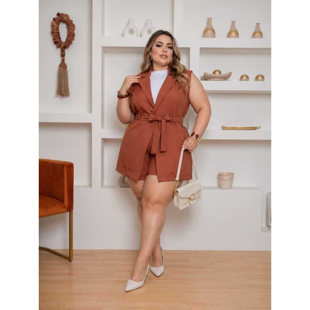 Conjunto Plus Size  Feminino Elegance Marrante Premium Colete e Vermuda