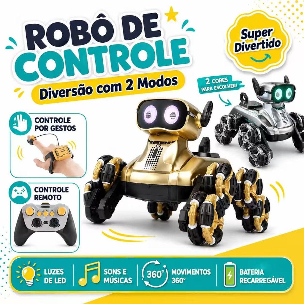 Cachorro Robô Inteligente 8 Rodas com Sensor de Gestos, Toca Música e Acrobacias